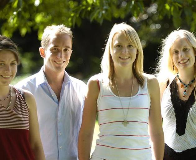 Scholarly success . . . Reflecting on their national Top Achiever Doctoral Scholarships are University of Otago doctoral students (from left to right) Amy Wolff (25), Peter Green (29), Emily Crawford (23), and Stephanie Win (22). 