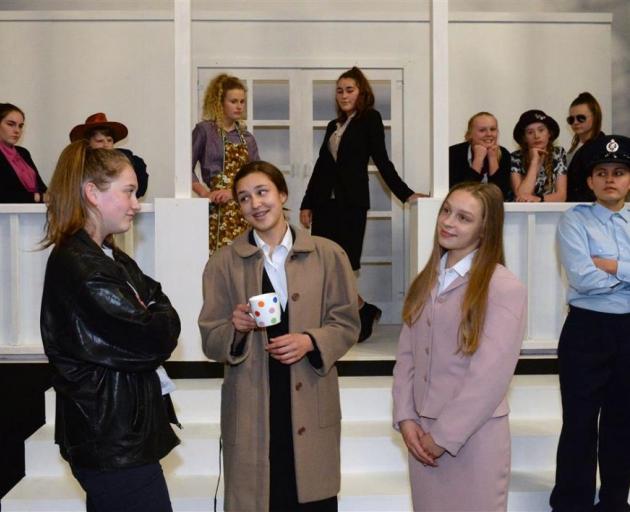 Rehearsals for Suspect: A Murder Mystery Musical at St Hilda’s Collegiate. Foreground (from left) Jamie MacKenzie (17) as Agent Frankie, Helen Knott (15) as Karen Grey, Zara Anthony-Whigham (15) as Wanda Watson and Dayna Gallagher (16) as P.C Jim. Back 