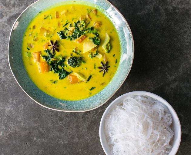 Coconut, turmeric and ginger soup with rice noodles. Photos by Fiona Andersen.