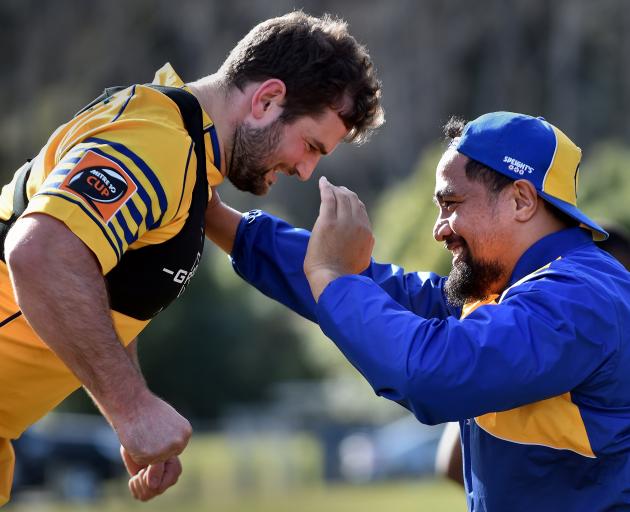 Prop Hisa Sasagi (right) and fellow prop Craig Millar at training for Otago earlier this week.  Photo by Peter Mcintosh.