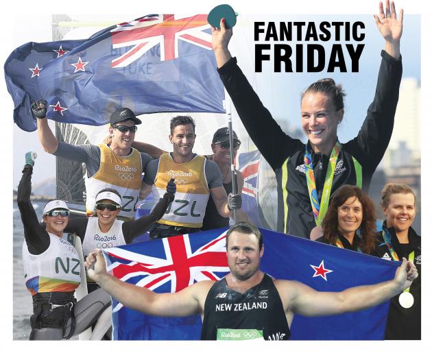 Celebrating their victories are (clockwise, from left) New Zealand Olympic medallists Molly Meech...