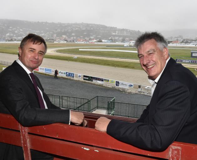  New Zealand Racing Board chief executive John Allen (left) with Forbury Park Trotting Club general manager Rodney Moore at Forbury Park yesterday during Allen's roadshow around New Zealand. Photo by Gregor Richardson.