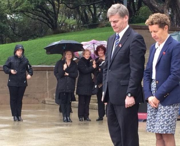 Acting Prime Minister Bill English and French Ambassador Florence Jeanblanc-Risler pay tribute to...