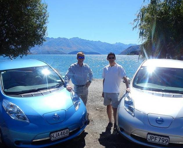  Wanaka Electric Vehicle Club members Morgan Knoesen and Mark Simmonds pushing for a fast...