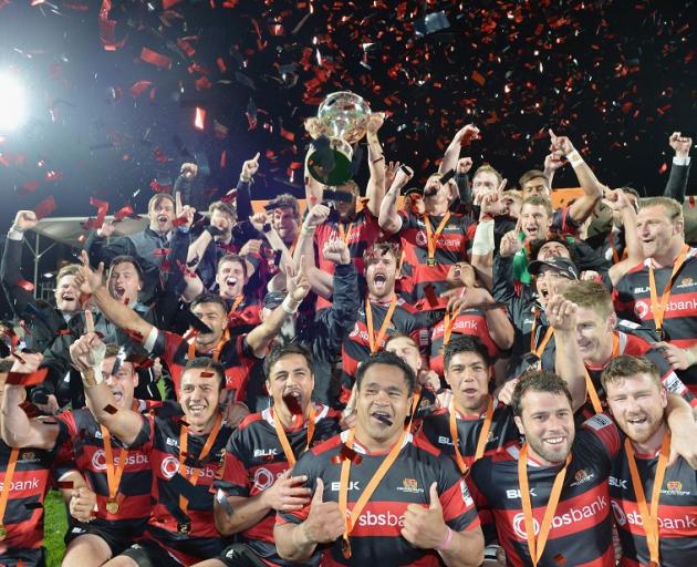 Canterbury players celebrate following their  Mitre 10 Cup final victory over Tasman at AMI...