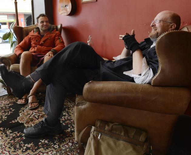 Director Jan Oliver Lucks (left) and Dunedin musician Nick Knox in Dog with Two Tails Cafe &amp; Bar yesterday. Photo by Gerard O'Brien.