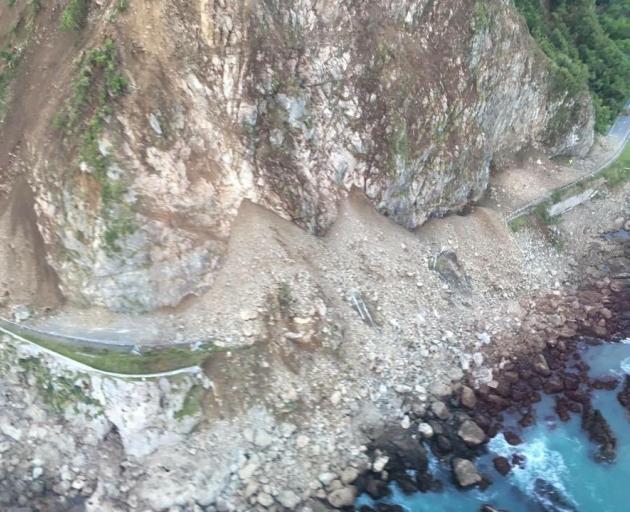 A massive slip on State Highway 1 north of Kaikoura yesterday. Photo by Tim Douglas-Clifford.