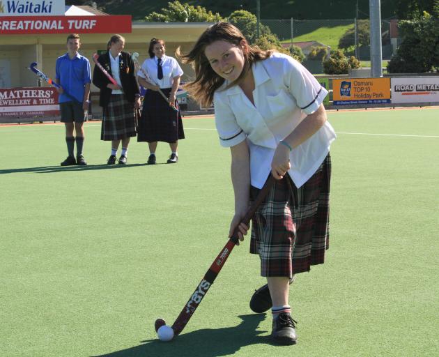 Charlotte Cunningham (14), of Waitaki Girls' High School, tests her dribbling skills at the North...