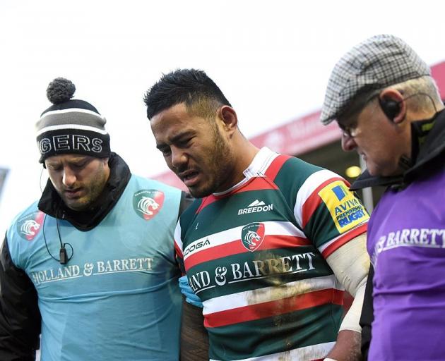 Manu Tuilagi makes his way off the field after being injured playing for Leicester. Photo: Getty...