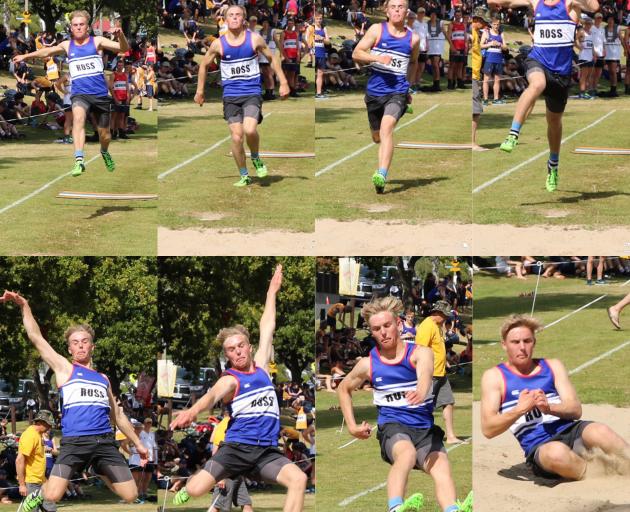 Taylor Mechen (17) jumping 12.45m to break the triple jump record at yesterday’s John McGlashan...
