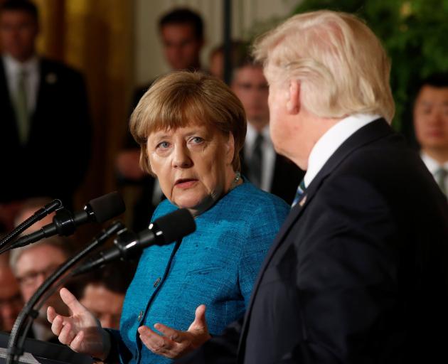 German Chancellor Angela Merkel makes her case to United States President Donald Trump during a joint news conference in the East Room of the White House in Washington last week. Photo from Reuters.