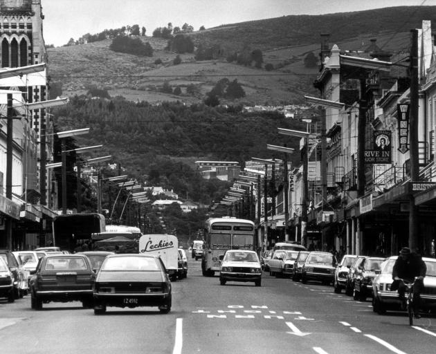 Traffic in George St, Dunedin, in the late 1970s. Photo from ODT files.