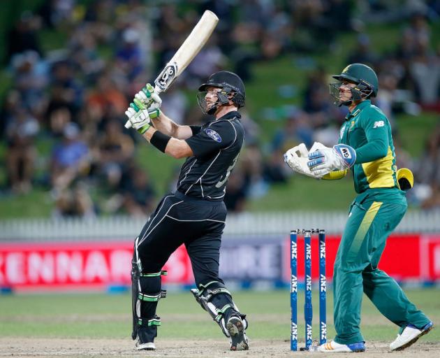 Martin Guptill slammed 11 sixes in his innings of 180 not out against South Africa. Photo Getty