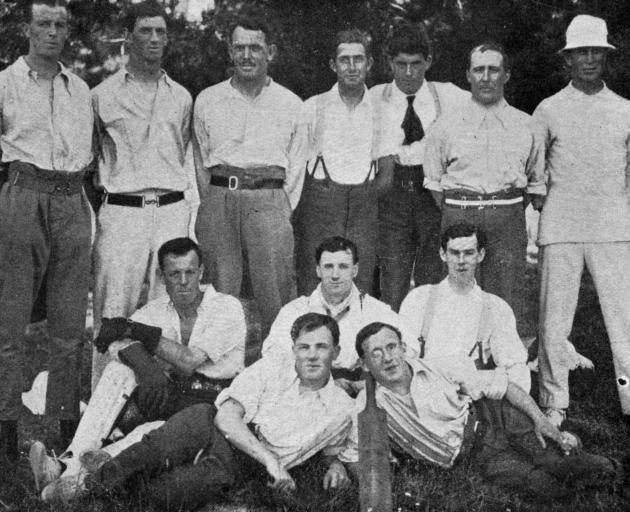 A cricket team, comprised of patients and staff at Queen Mary's Hospital, Hanmer. Back row (from left): Sergt. Foote, Corpl Brunton, Capt Hardham, V.C. (skipper), Privates Dewer, Ellen (umpire), Corpl Mansfield, Pvte Morrison. Front row: Corpl Hollis (wic