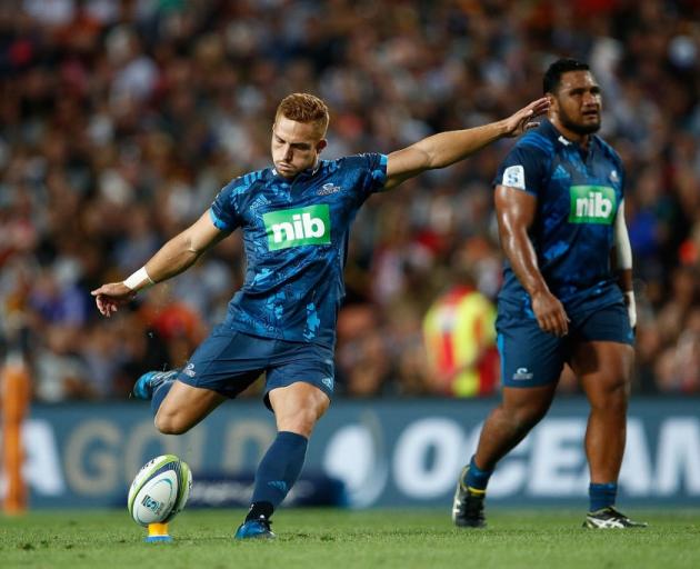 Ihaia West kicks a goal for the Blues last week against the Chiefs. Photo: Getty Images