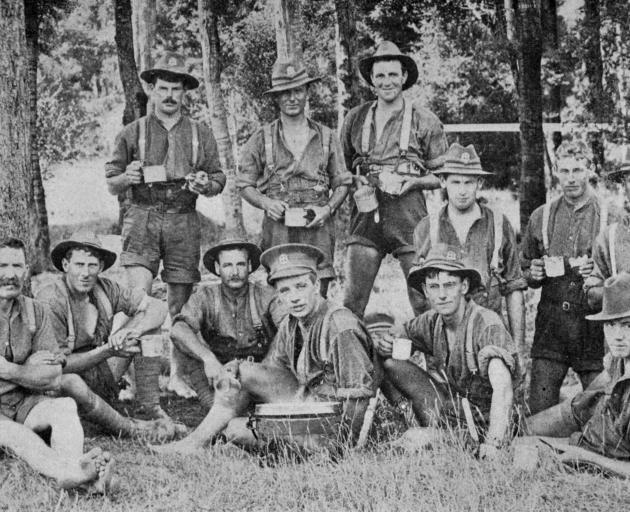 North Otago boys on a route march. Back row (from left): Privates T. C. Reid, S. Jenkins, D. C....