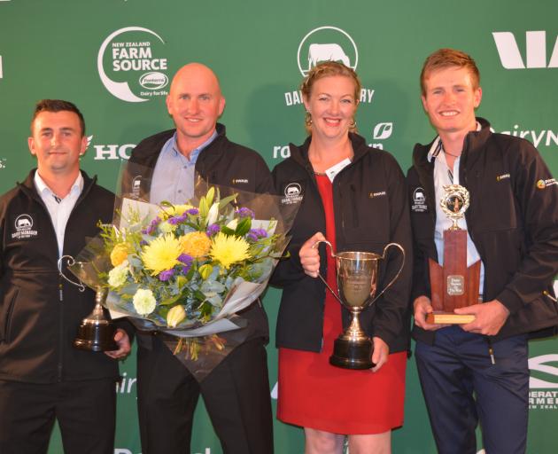 The winners in the West Coast-Top of the South New Zealand Dairy Industry Awards are (from left) Dairy Manager of the Year Jack Raharuhi, Share Farmers of the Year Jon and Vicki Nicholls, and Dairy Trainee of the Year Clay Paton. Photo supplied.