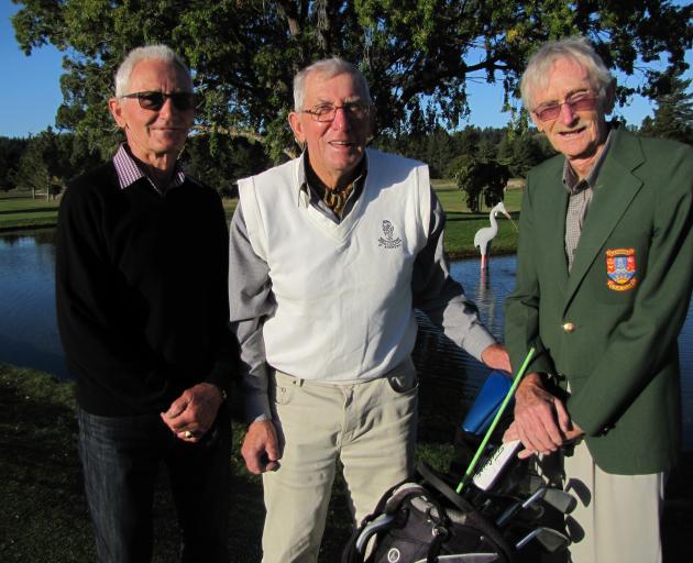 Alexandra men (from left) Bill Belt, Ron Pilcher and Denis Cronin celebrate the 50th anniversary of the Alexandra Golf Course at a commemorative game at the course on Saturday. Photo by Pam Jones.