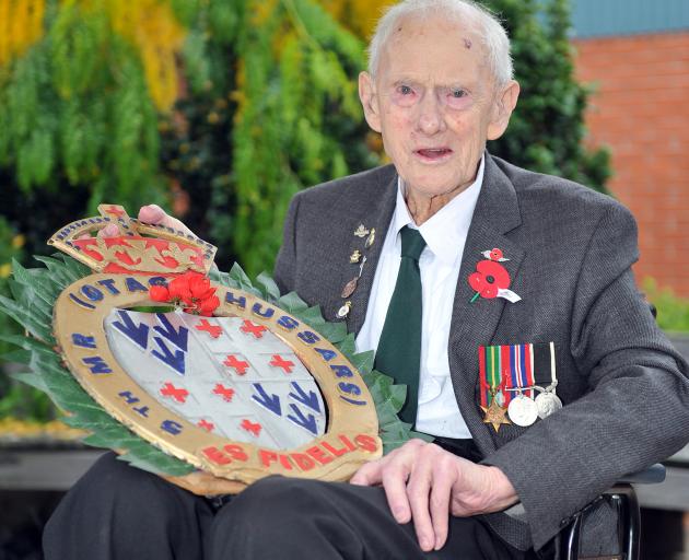 Alan Anderson displays the wreath he made in tribute to his comrades in the Otago Mounted Rifles. Photo: Christine O'Connor