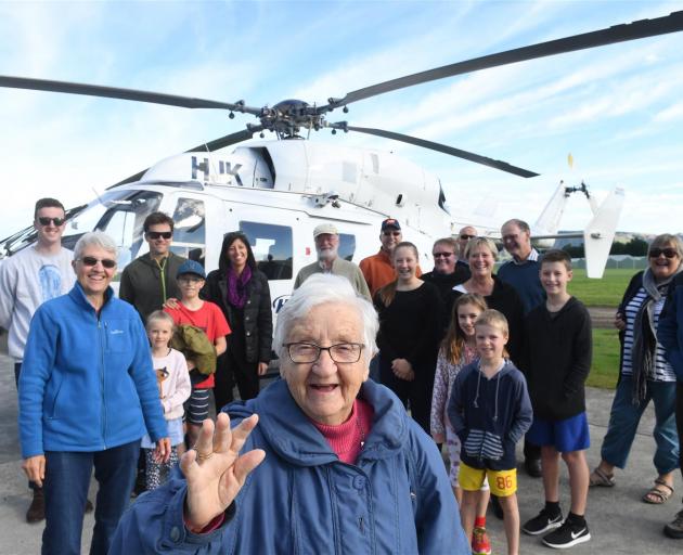 Elma McRobbie celebrates her 100th birthday in Mosgiel with her first helicopter ride yesterday. Photo: Stephen Jaquiery.