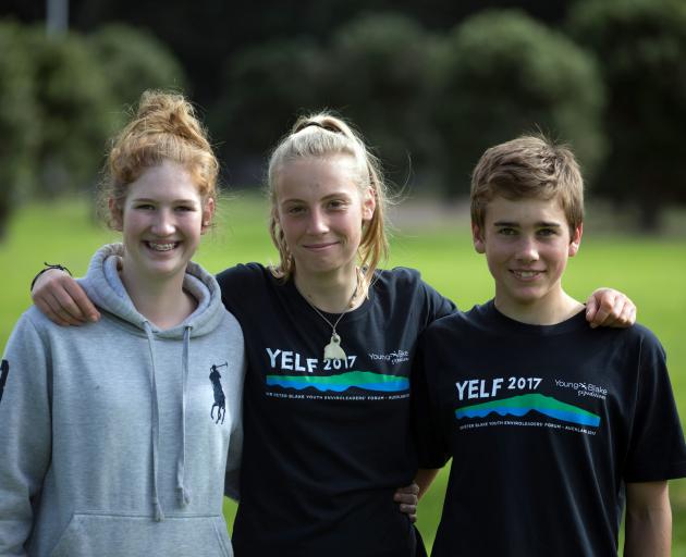 Natalie Candy (left, 16) of Blue Mountain College, Tasman Charteris-Wright (15) of Bayfield High School and Ben Mitchell (16) of John McGlashan College have spent the week at the Sir Peter Blake Youth EnviroLeader Forum in Auckland. Photo: Brendon O'Hagan
