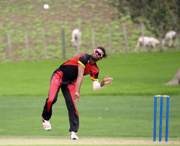 Albion all-rounder Teja Nidamanuru bowls during the recent national club championshiups in Auckland. Photo supplied.