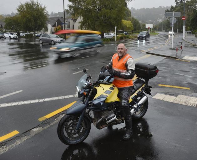 Dunedin motorcyclist Brian O'Neill says the intersection of Cumberland and Duke Sts (in rear of picture) is an accident waiting to happen. Photo by Gerard O'Brien.