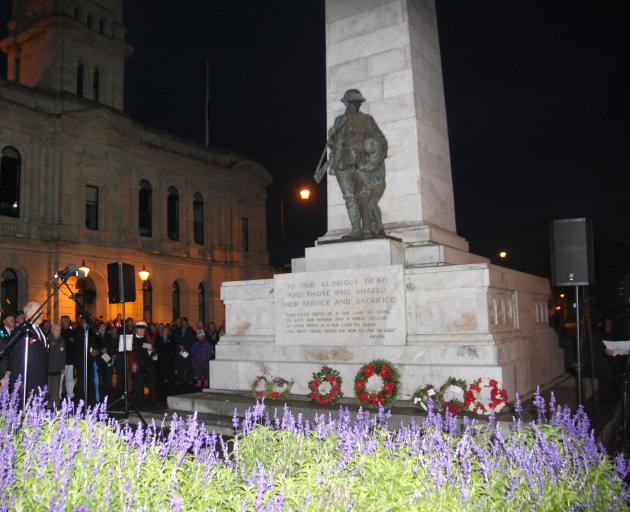 Waitaki deputy mayor Melanie Tavendale (left),  Waitaki MP Jacqui Dean and the RSA’s Ian Kofoed by Oamaru’s Great War Memorial. Photo: Shannon Gillies.