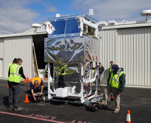 The Extreme Universe Space Observatory payload which will be attached to Nasa’s super pressure balloon is wheeled out of its hanger at Wanaka Airport in preparation for a thwarted launch last week. Nasa does not expect to be able to attempt another launch
