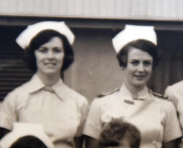 Dunedin woman Pam Chalmers (right) and Johanna Van Duyn in a 1967 University of Otago Dental Faculty nurses photo. Photo: Supplied
