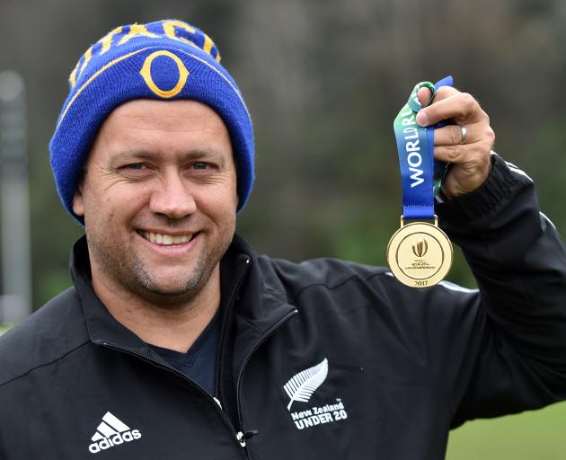 Otago coach Cory Brown shows off the gold medal he collected for his part in New Zealand's successful World Rugby Under-20 Championship campaign. Photo: Peter McIntosh