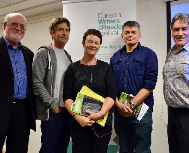 Philip Temple, Adam Dudding, Chris Price, David Eggleton and Peter Simpson at the Dunedin Writers...