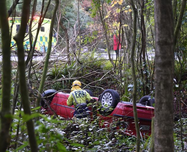 Firefighters inspect a car that rolled off a bank bordering Maori Rd, Dunedin, yesterday morning. Photo: Gregor Richardson