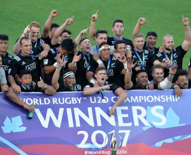 The New Zealand under-20 rugby team after its win in the world championship final. Photo: Getty...