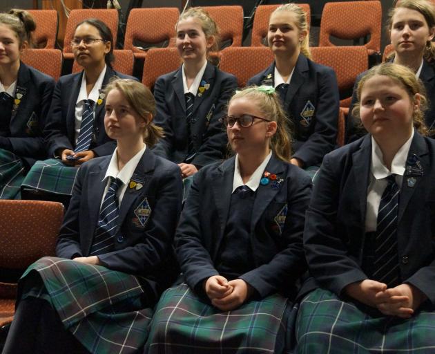 Otago Girls’ High School pupils watch a Fortune Theatre production via a live video feed (back...
