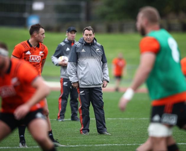 Steve Hansen looks on as the All Blacks train ahead of their first test against the British and...
