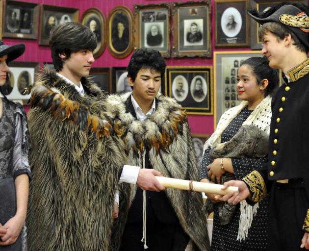 Marking the signing of the Treaty of Waitangi at Otakou on June 13, 1840 are Kavanagh College year 10 pupils (from left) Nimue White (15), Taylor Baughan, Dararidh Lu, Caramelrose Tofilau and Oscar McConaughy (all 14). Photo: Christine O'Connor