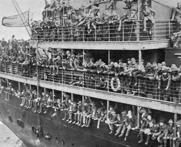 New Zealanders on a troopship, ready to join their comrades in the trenches. - Otago Witness, 27.6.1917.