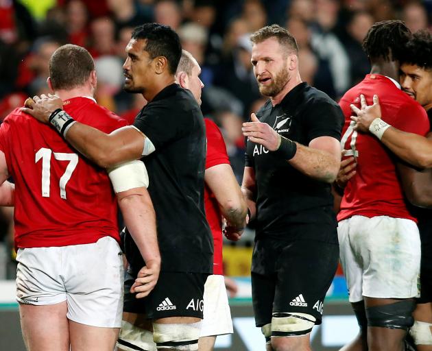 Lions and All Blacks congratulate each other after the final test at Eden Park. Photo: ODT files