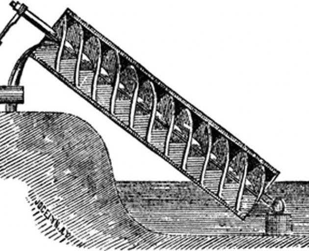 The Archimedes screw, also called the Archimedean screw or screwpump, is a machine historically used for transferring water from a low-lying body of water into irrigation ditches. Water is pumped by turning a screw-shaped surface inside a pipe. Image: Wik