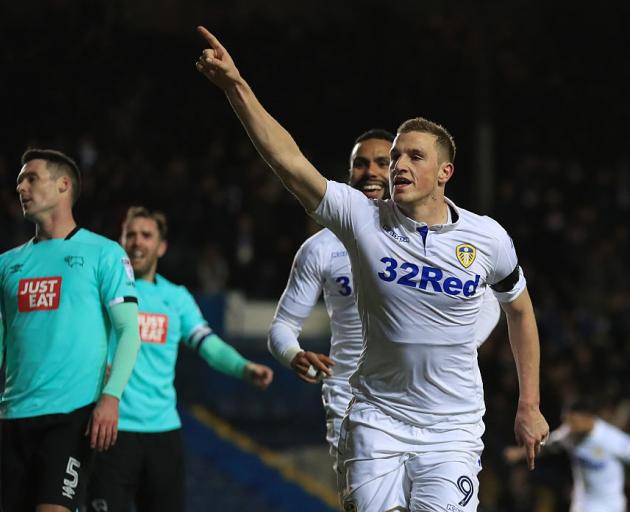 Chris Wood celebrates a goal for Leeds. Photo: Getty Images
