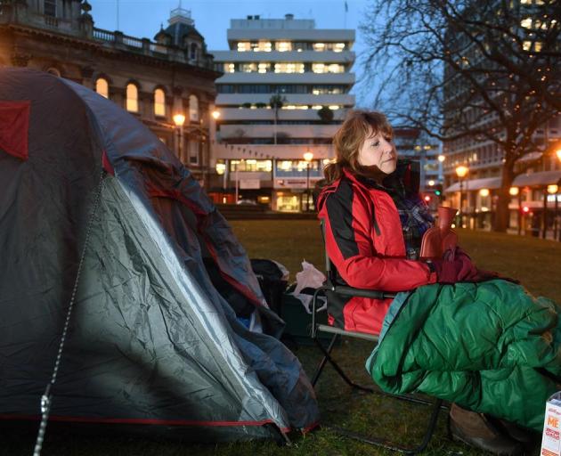 Clare Curran in her protest camp in the Octagon, Dunedin, yesterday morning, in support of two...