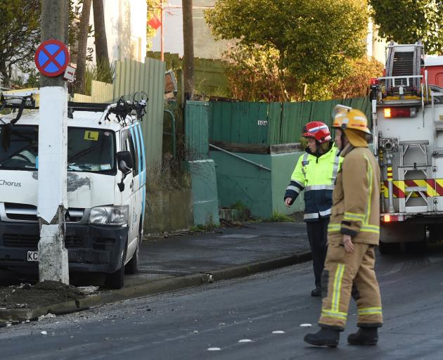 A Chorus van hit a power pole in icy conditions in Glen Rd, Dunedin, at the weekend. Photo: Gregor Richardson