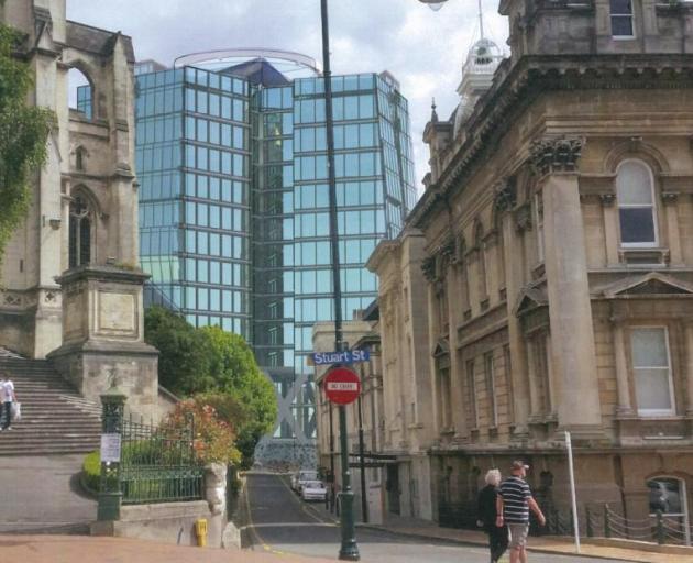 St Paul's Cathedral and the Municipal Chambers frame an image of the proposed hotel in Moray Pl,...