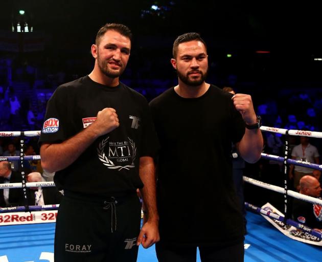 Hughie Fury (left) and Joseph Parker in the ring at the Copper Box Arena. Photo: Getty Images