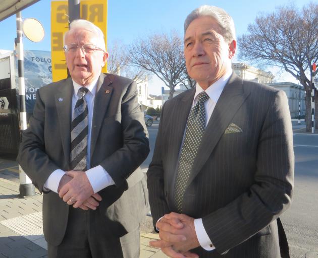 New Zealand First Waitaki candidate Alex Familton and party leader Winston Peters met members of the public in Oamaru on Saturday to talk about concerns. Photo: Shannon Gillies.