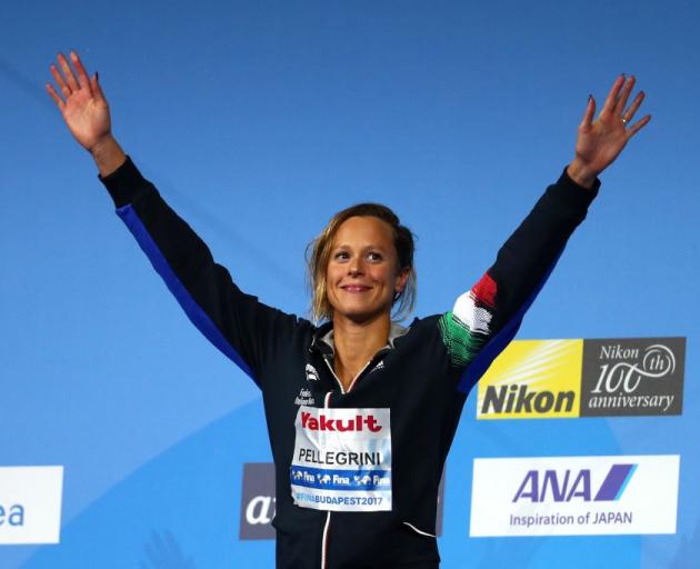 Italy's Federica Pellegrini on the podium after winning her seventh 200m freestyle gold medal at...