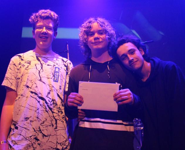 Wakatipu High School band members Haven (from left) Harrison Maguire (drums), Ryan Connaghan (guitar/vocals) and Jack Wilson (guitar) after winning the Smokefreerockquest regional final at Queenstown Memorial Centre on Saturday. Photo: Supplied