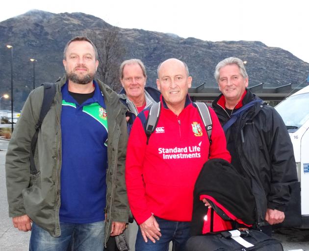 Lions fans (from left) Rob Howatson, of The Valleys, in South Wales, Mike Lowe, from Birmingham, Rob Brooks, from Cardiff, and Dave Hill, from Porthcawl, Wales, arrive at Queenstown Airport yesterday. Photo: David Williams