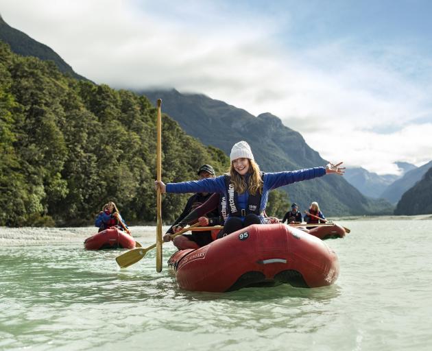 United States actress, director, producer and writer Bryce Dallas Howard takes a trip on the Dart River Funyaks in Mt Aspiring National Park with guide Toby Washer. Photo: Julian Apse